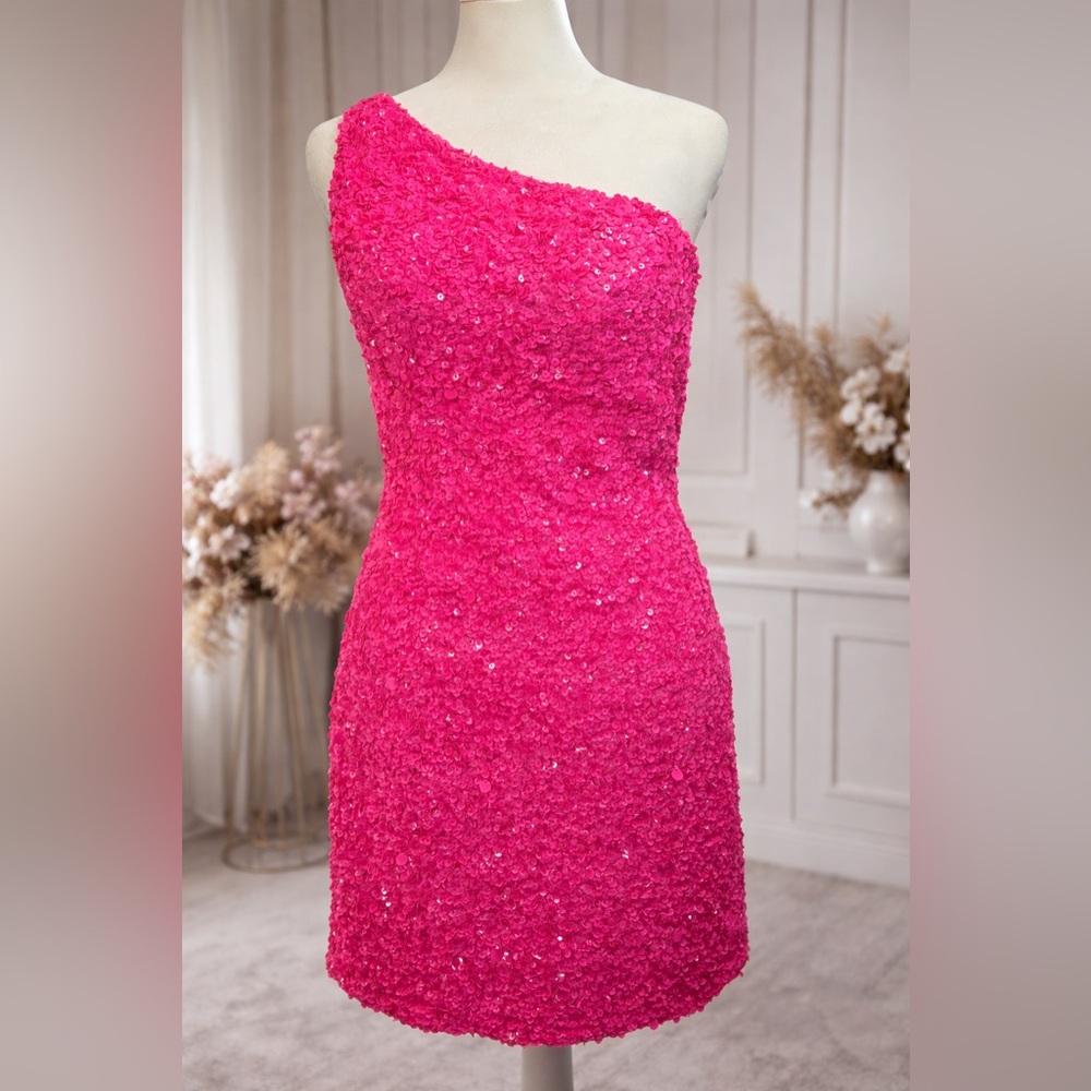 Sherri Hill One-Shoulder Hot Pink Sequin Cocktail Dress